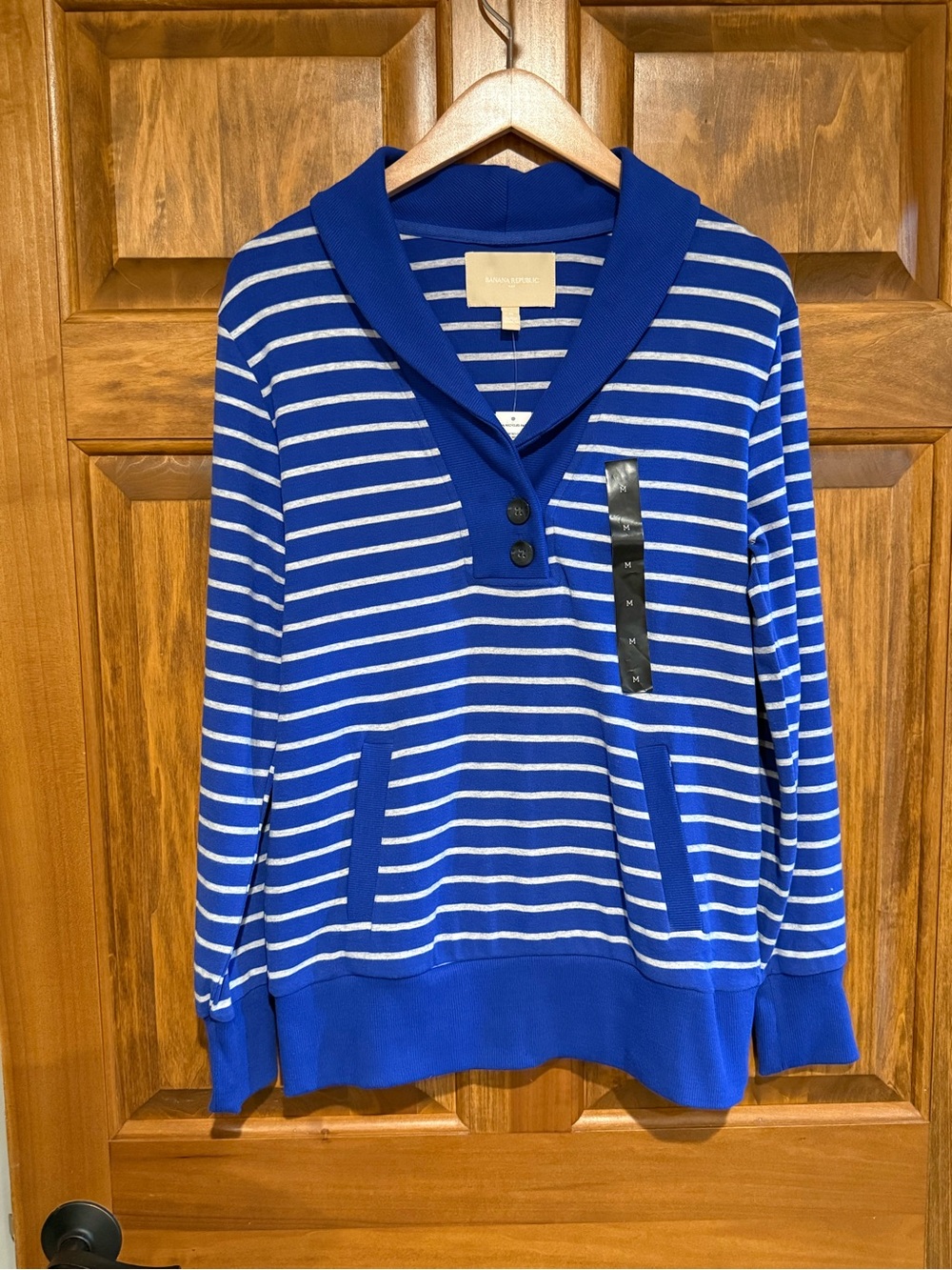 NWT Banana Republic Royal Blue and Grey Striped Shawl-Collar Pullover